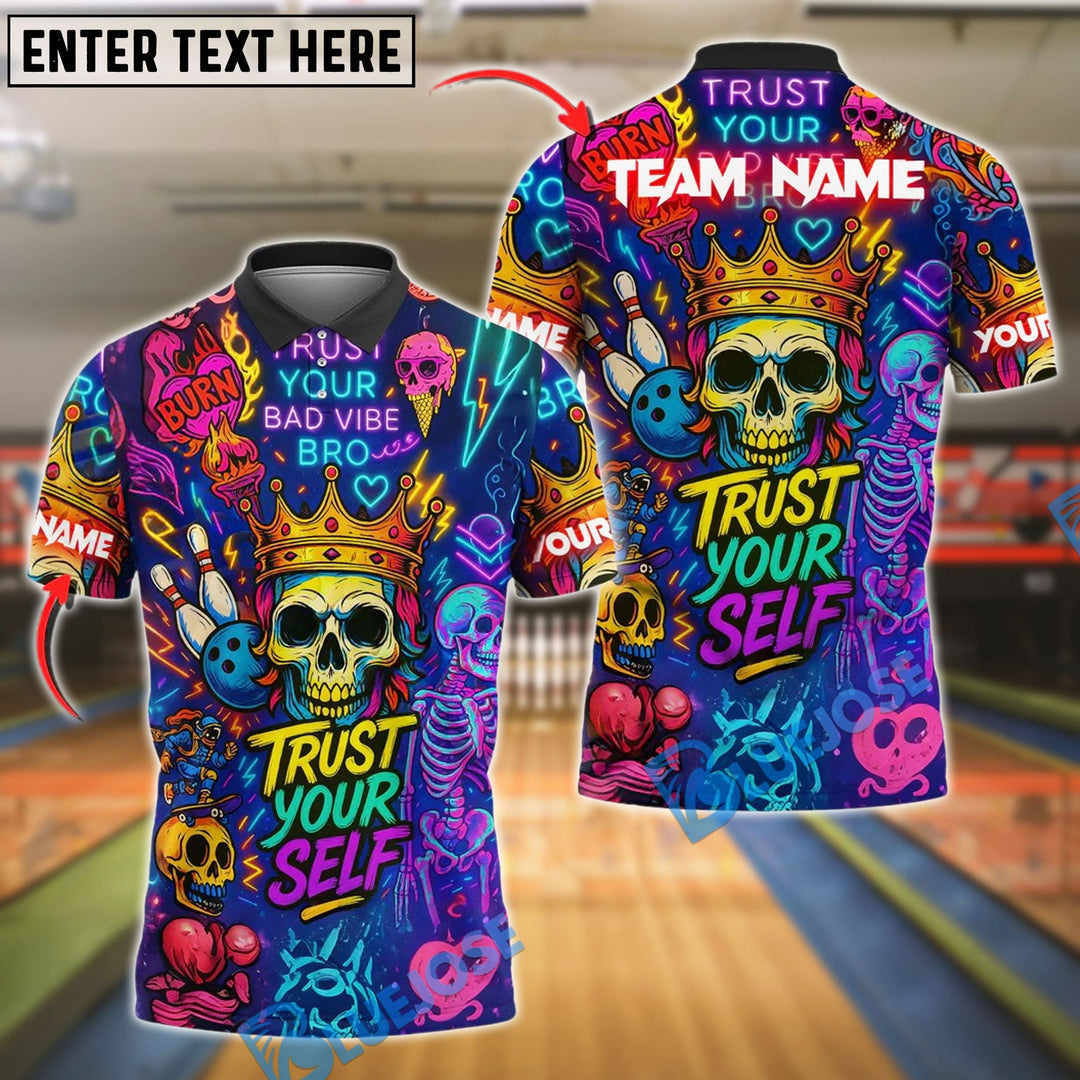 BlueJose Bowling And Pins Neon Skull Vibes Personalized Name, Team Name Unisex Shirt