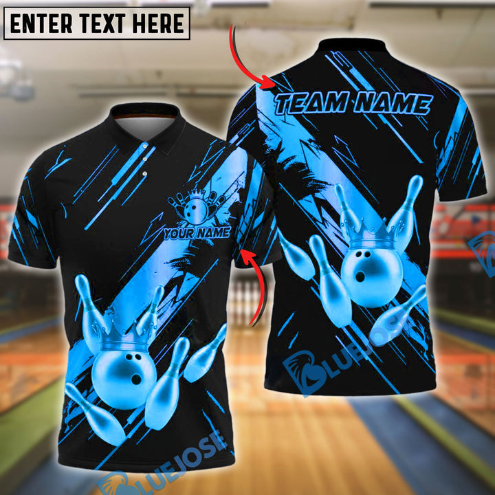 BlueJose Bowling Ball & Pins King Strike Gold Crown Customized Name, Team Name 3D Shirt (4 Colors)