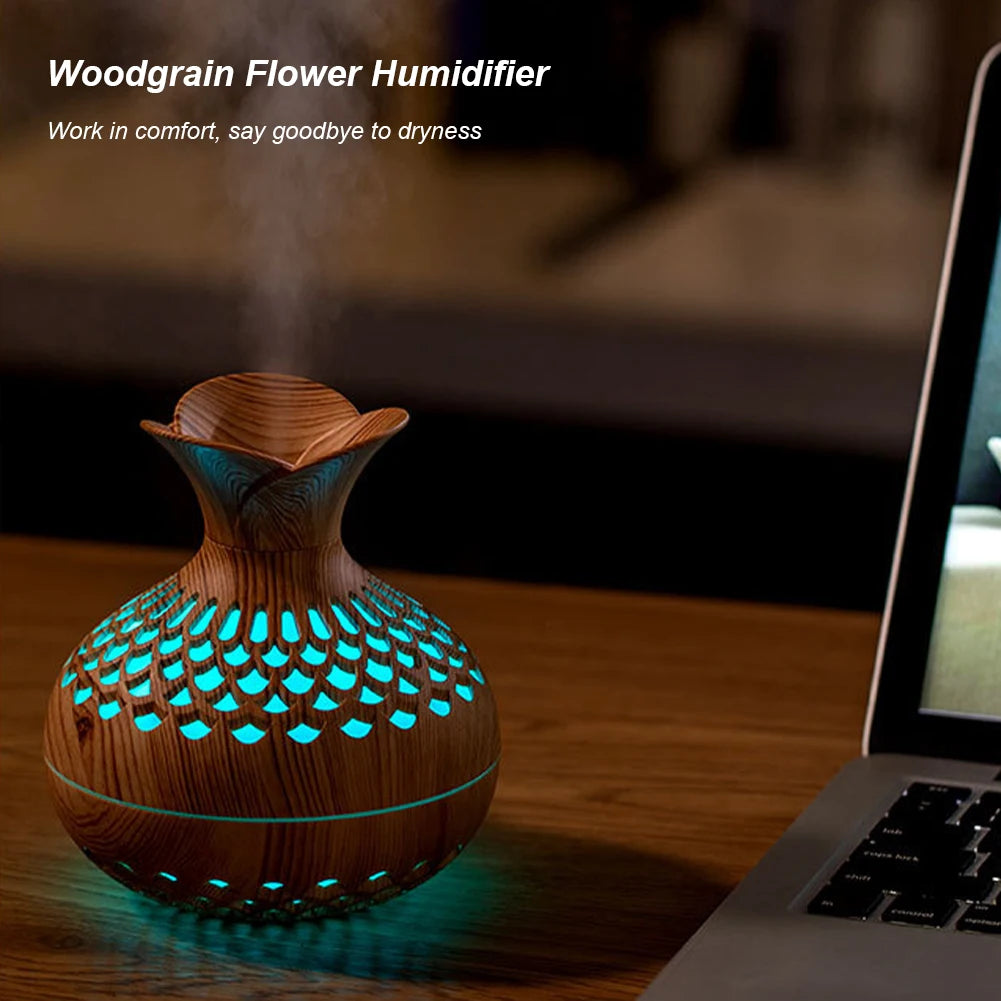 300ml Wood Grain Flower Humidifier & Essential Oil Diffuser with Colorful Night Light