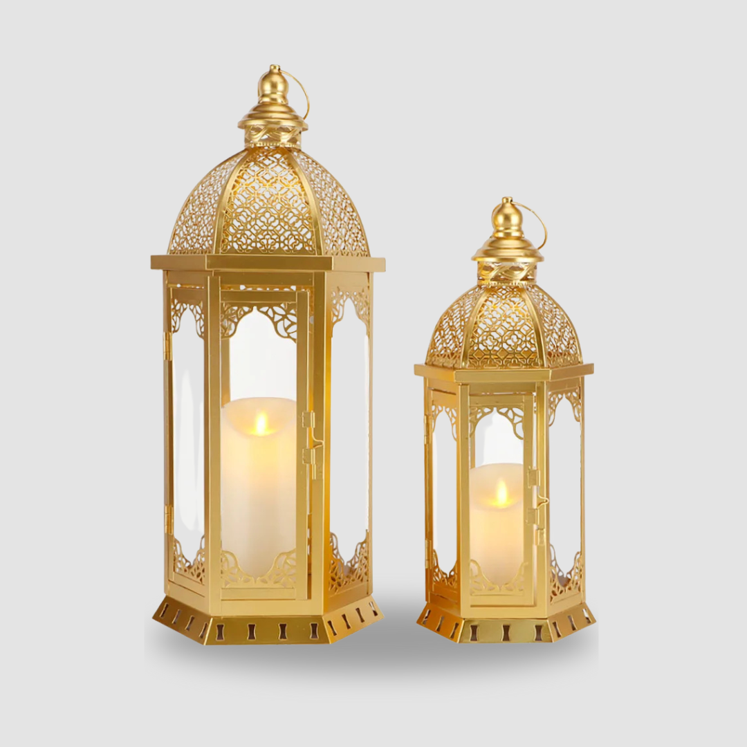 Set of 2 Gold Decorative Candle Lanterns – 22" & 17" Vintage Metal Candle Holders with Glass Panels